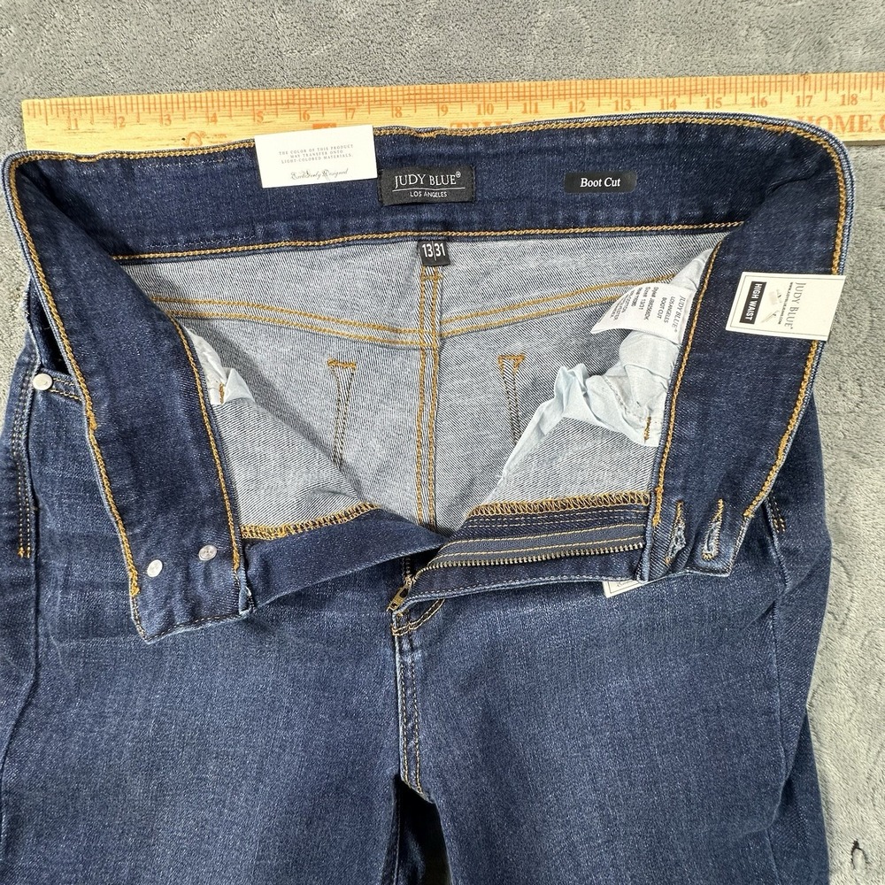 Judy Blue Boot Cut Jeans 13/31 Blue Distressed Mid Rise Frayed Hem Double Button - Picture 6 of 12